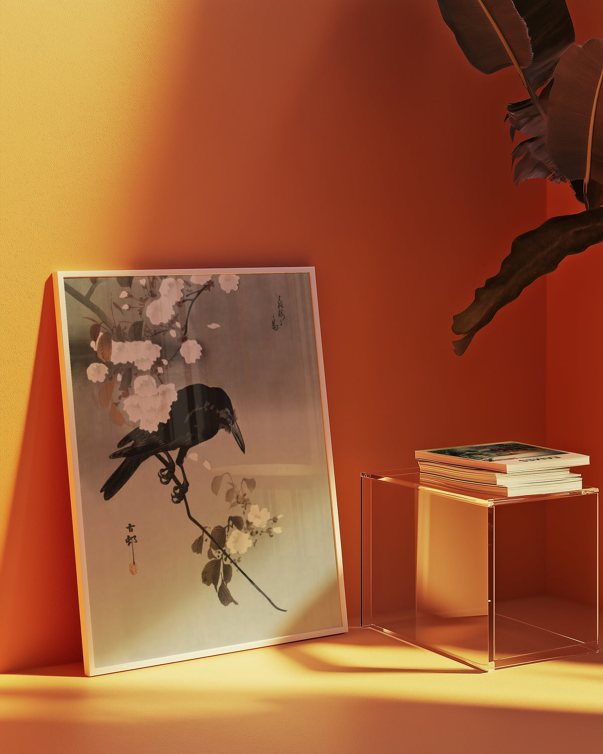 Crow and Cherry Blossom affisch i minimalistiskt sovrum – köp enkelt hos Bozetto