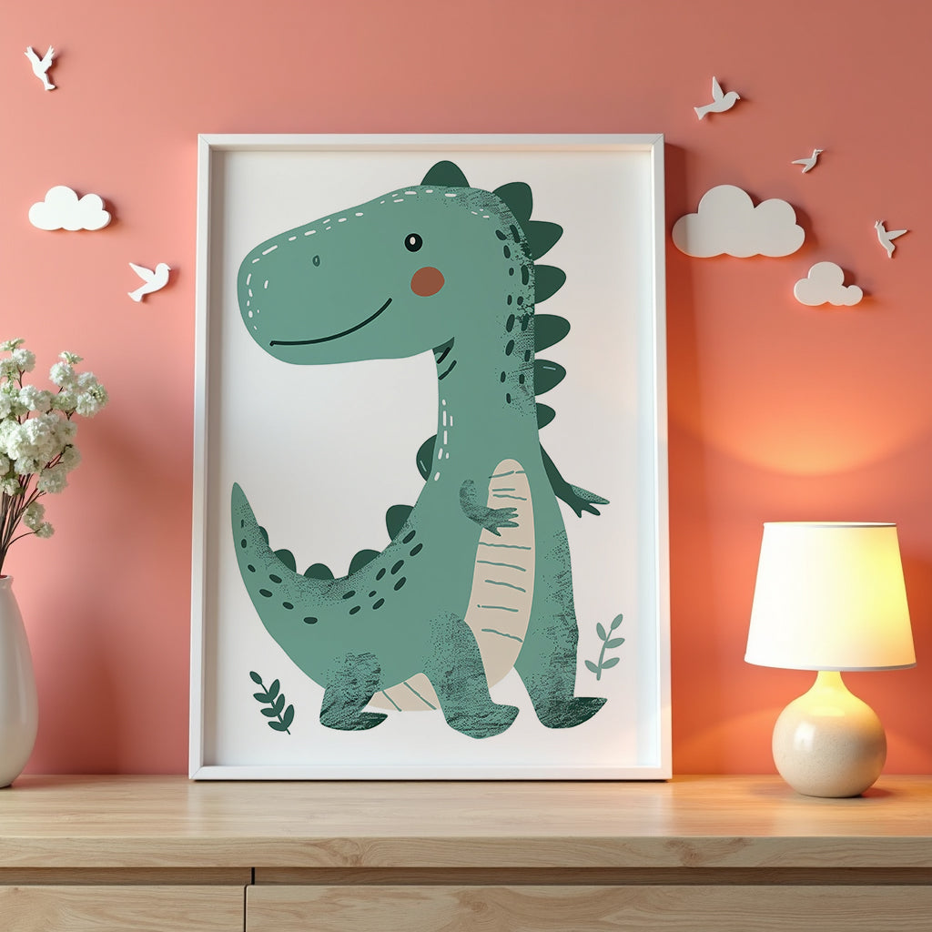 Väggmockup av Smiling Dino affisch på ljus tegelvägg – Bozetto konsttryck i hög tryckkvalitet