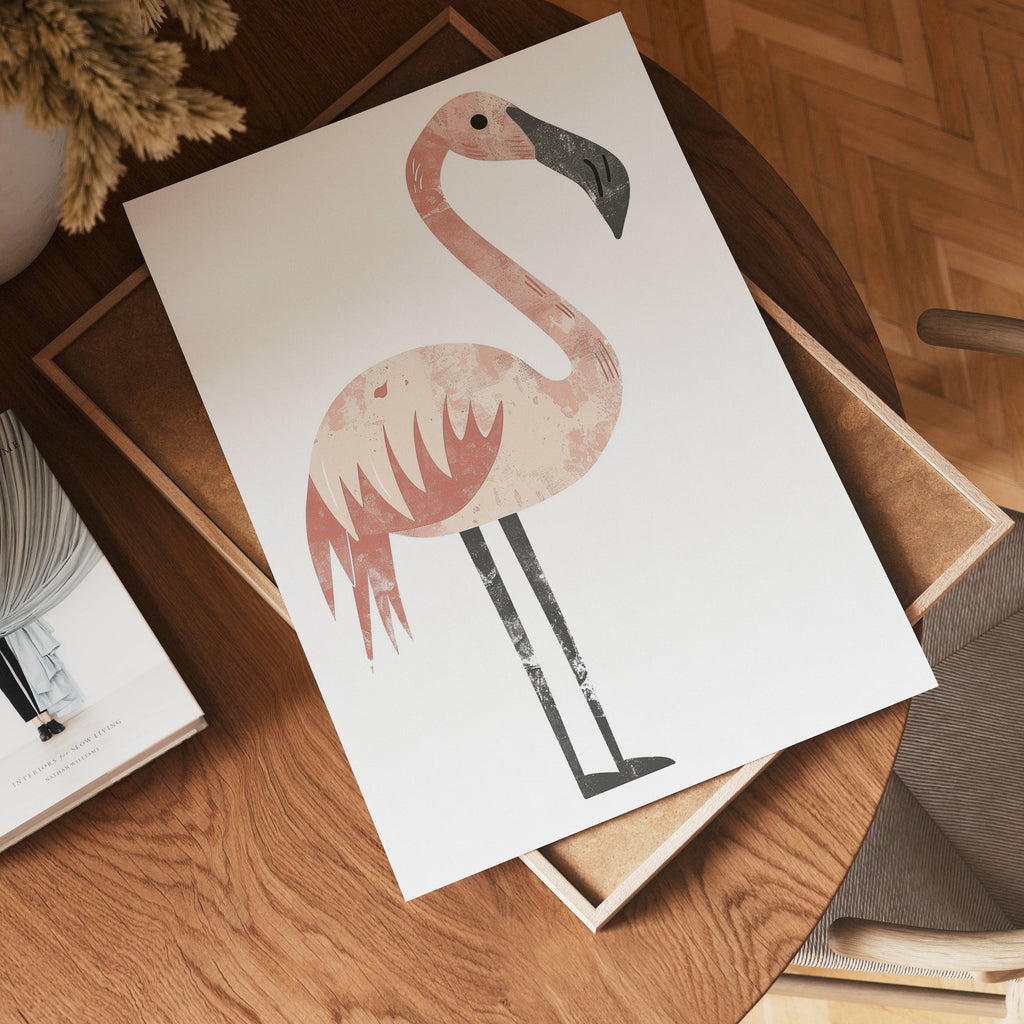 Pink Flamingo konsttryck på vit bakgrund – elegant Bozetto affisch för hemmet i hög tryckkvalitet