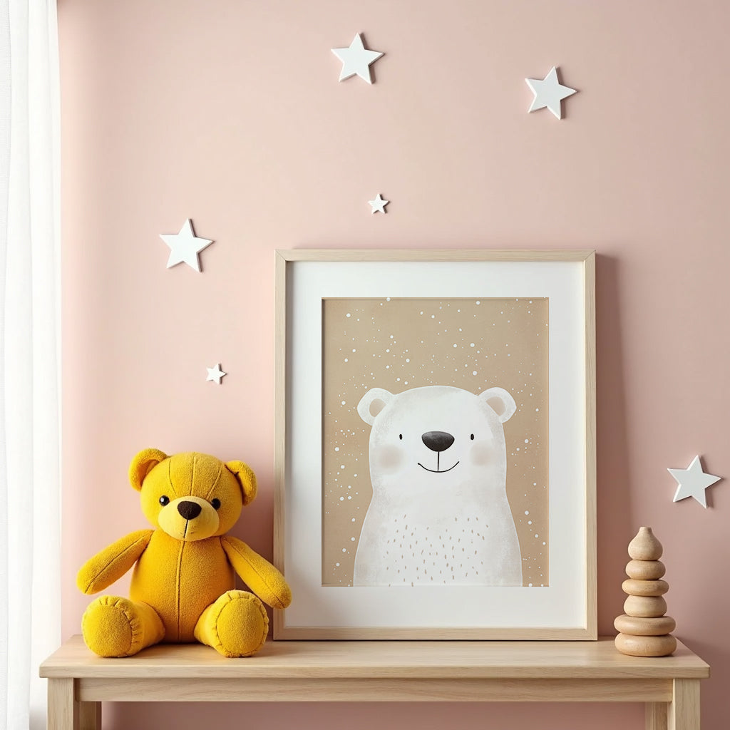Snowy Bear poster visualiserad på vägg – se rätt storlek med mockup från Bozetto