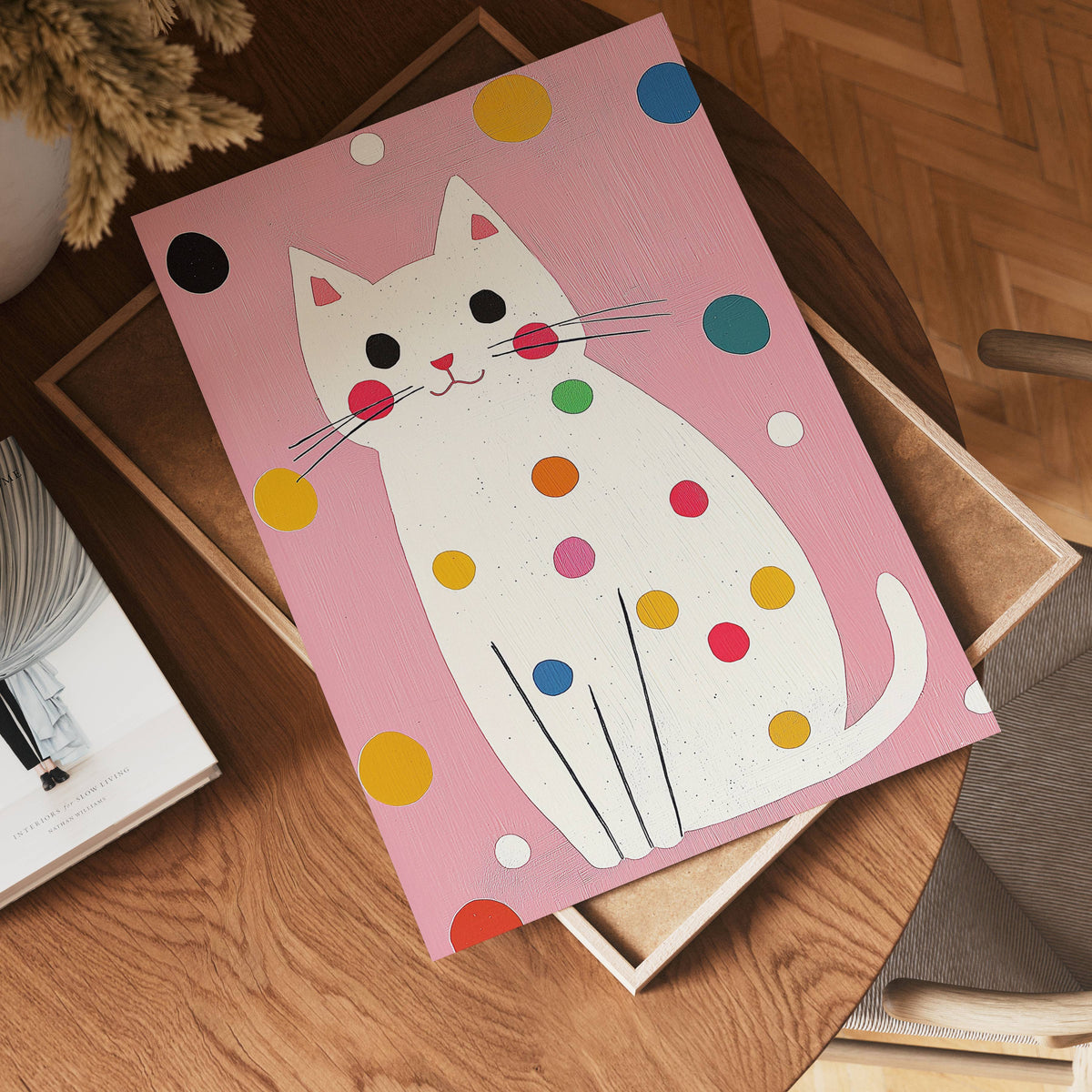 Polka Cat konsttryck på vit bakgrund – elegant Bozetto affisch för hemmet i hög tryckkvalitet