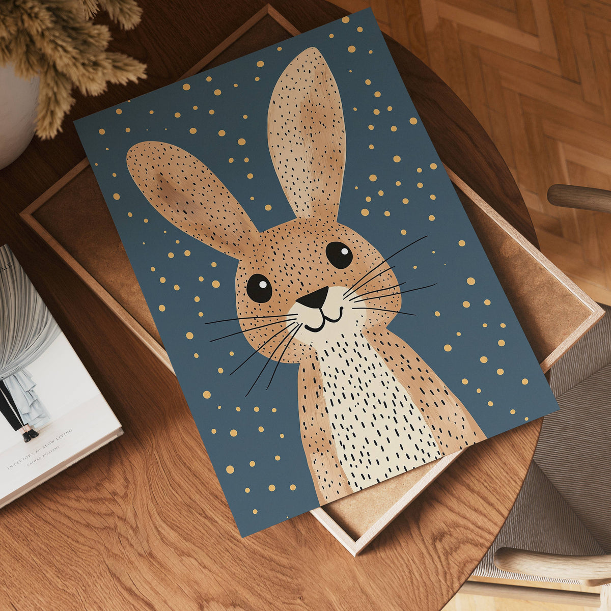 Happy Bunny konsttryck på vit bakgrund – elegant Bozetto affisch för hemmet i hög tryckkvalitet