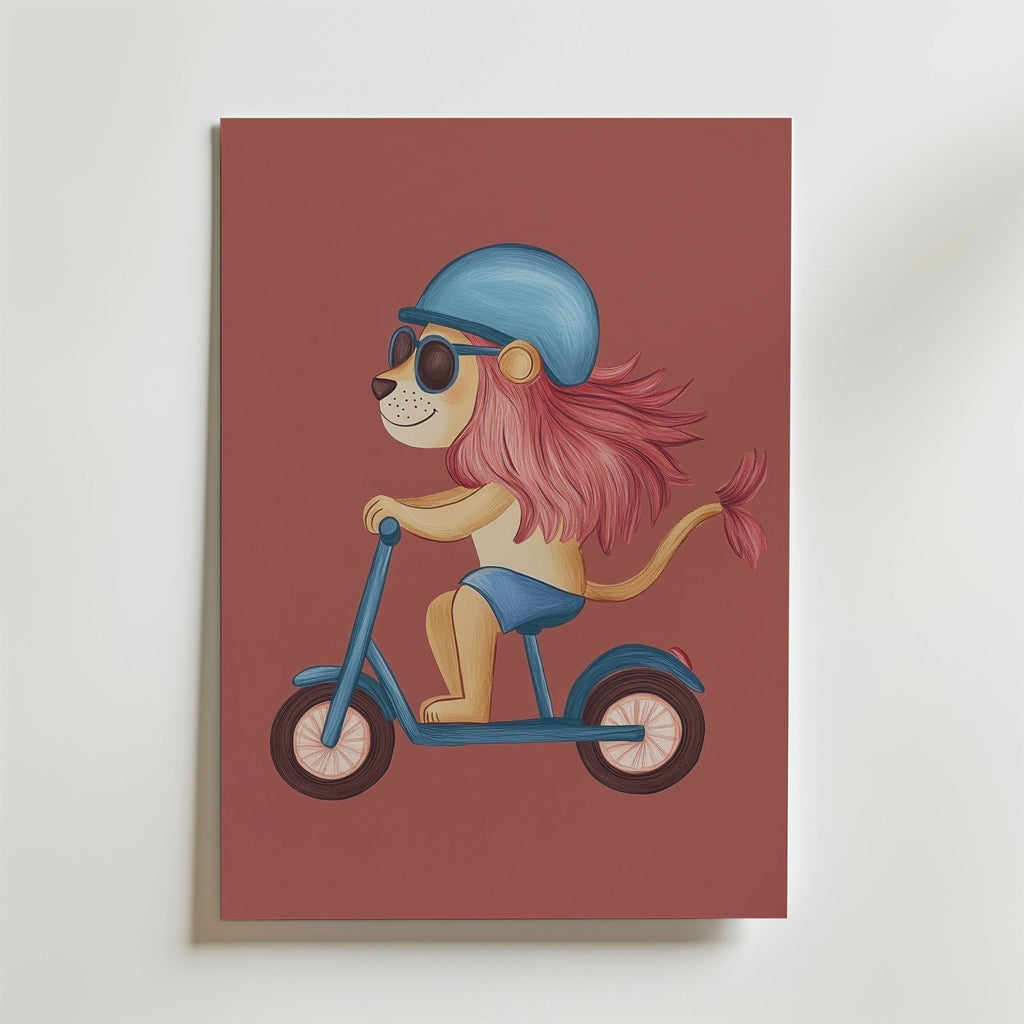 Cool Lion on Wheels – stilfullt konsttryck från Bozetto, tryckt på matt finpapper