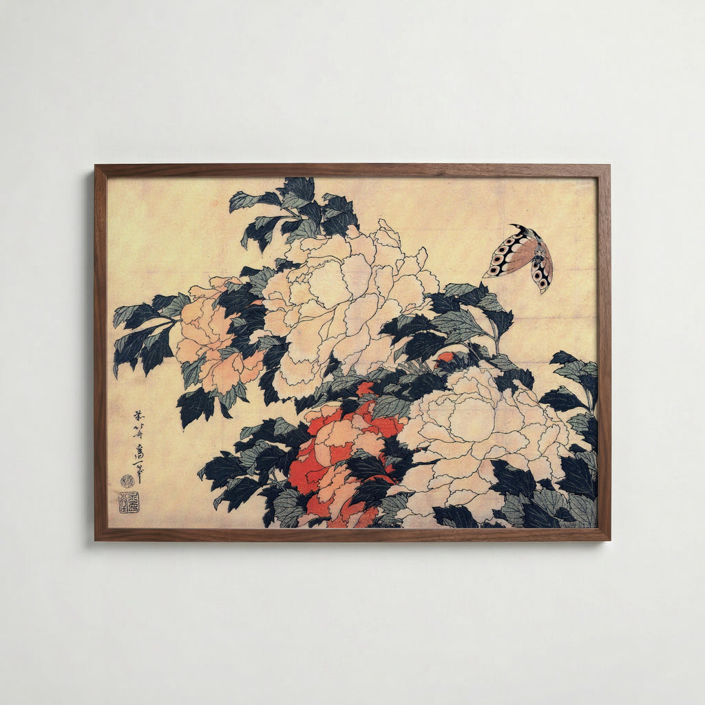 Katsushika Hokusai Peonies and Butterfly 1833 Poster – valnötsram