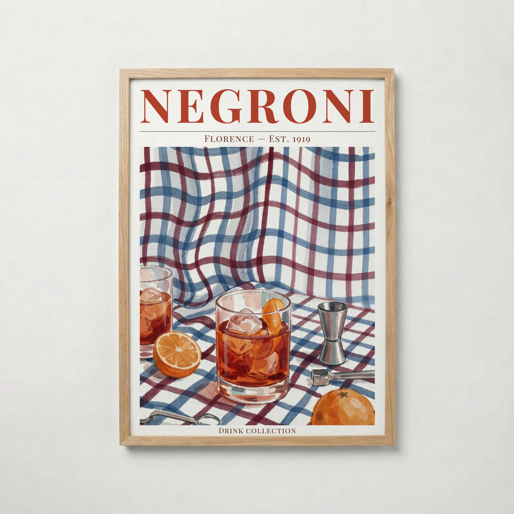 Negroni poster inramad i ljus ekram med naturligt träutseende – från Bozetto i hög tryckkvalitet