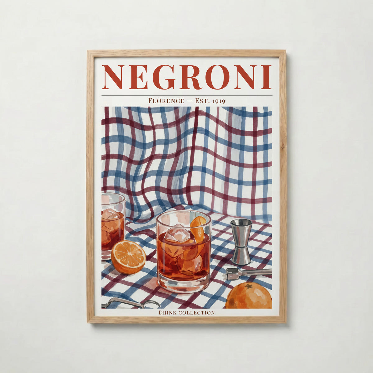 Negroni poster inramad i ljus ekram med naturligt träutseende – från Bozetto i hög tryckkvalitet