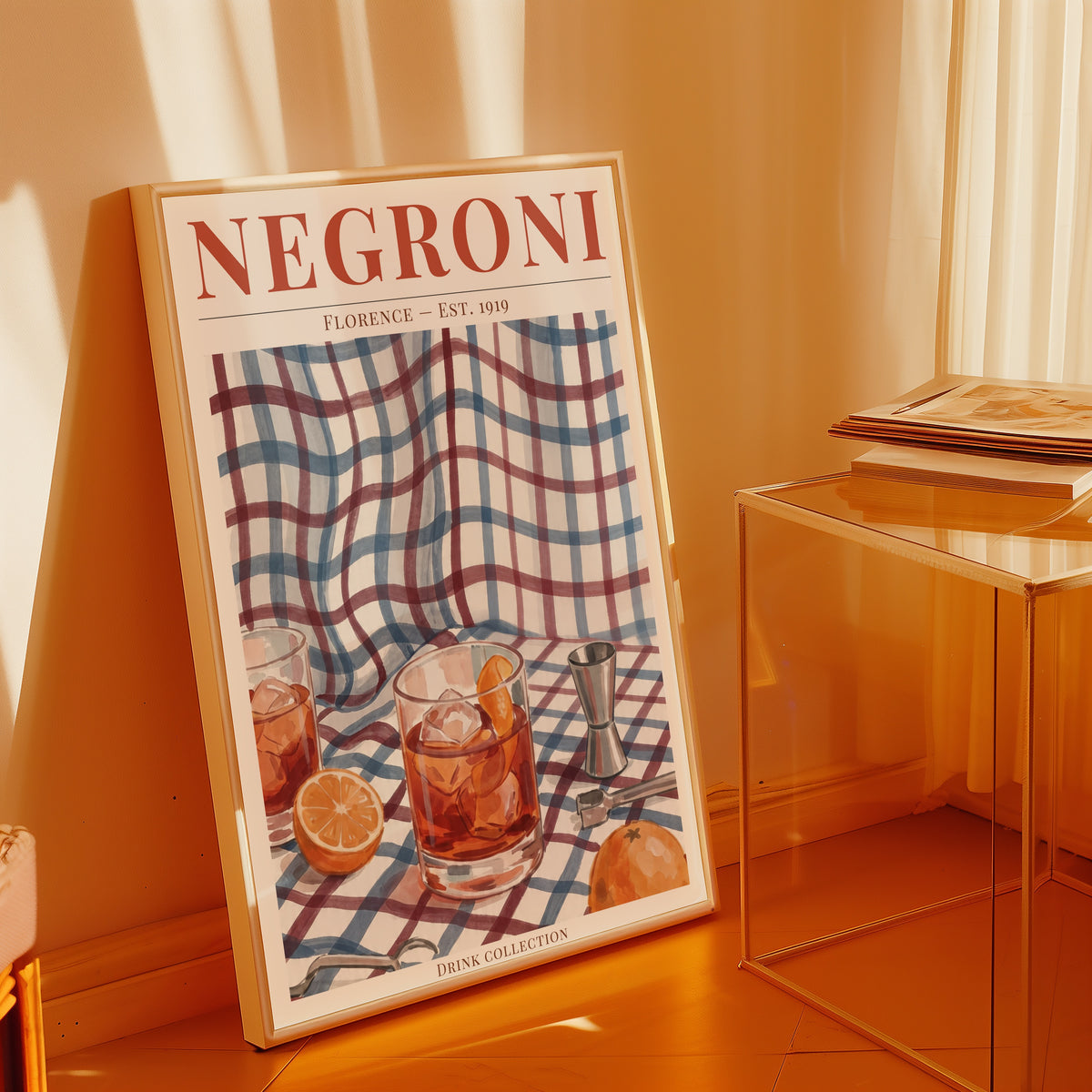 Negroni affisch ovanför säng i minimalistiskt och stilrent sovrum – Bozetto i hög tryckkvalitet