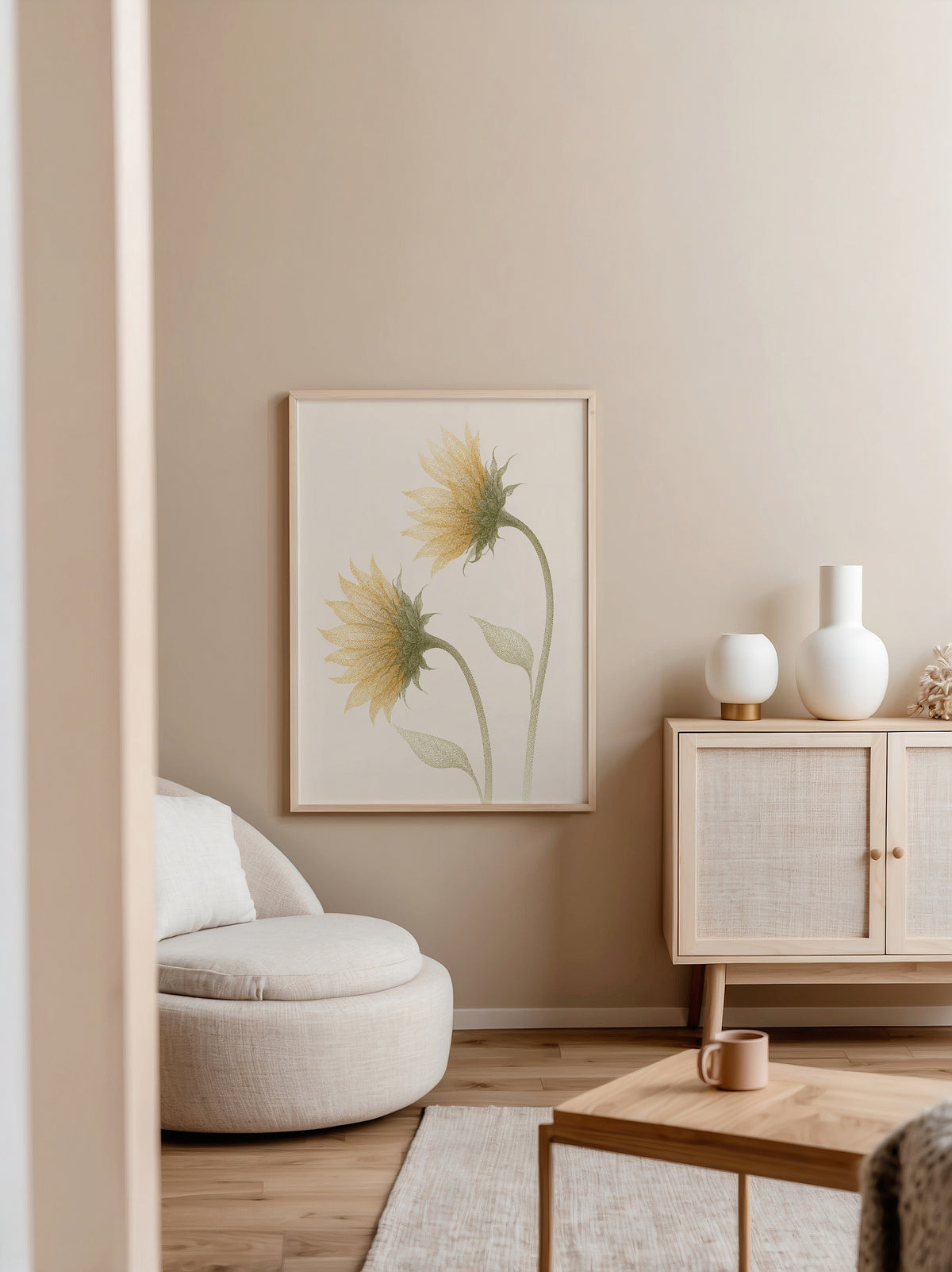 Golden Sunflower Pair affisch i minimalistiskt sovrum – köp enkelt hos Bozetto i hög kvalitet