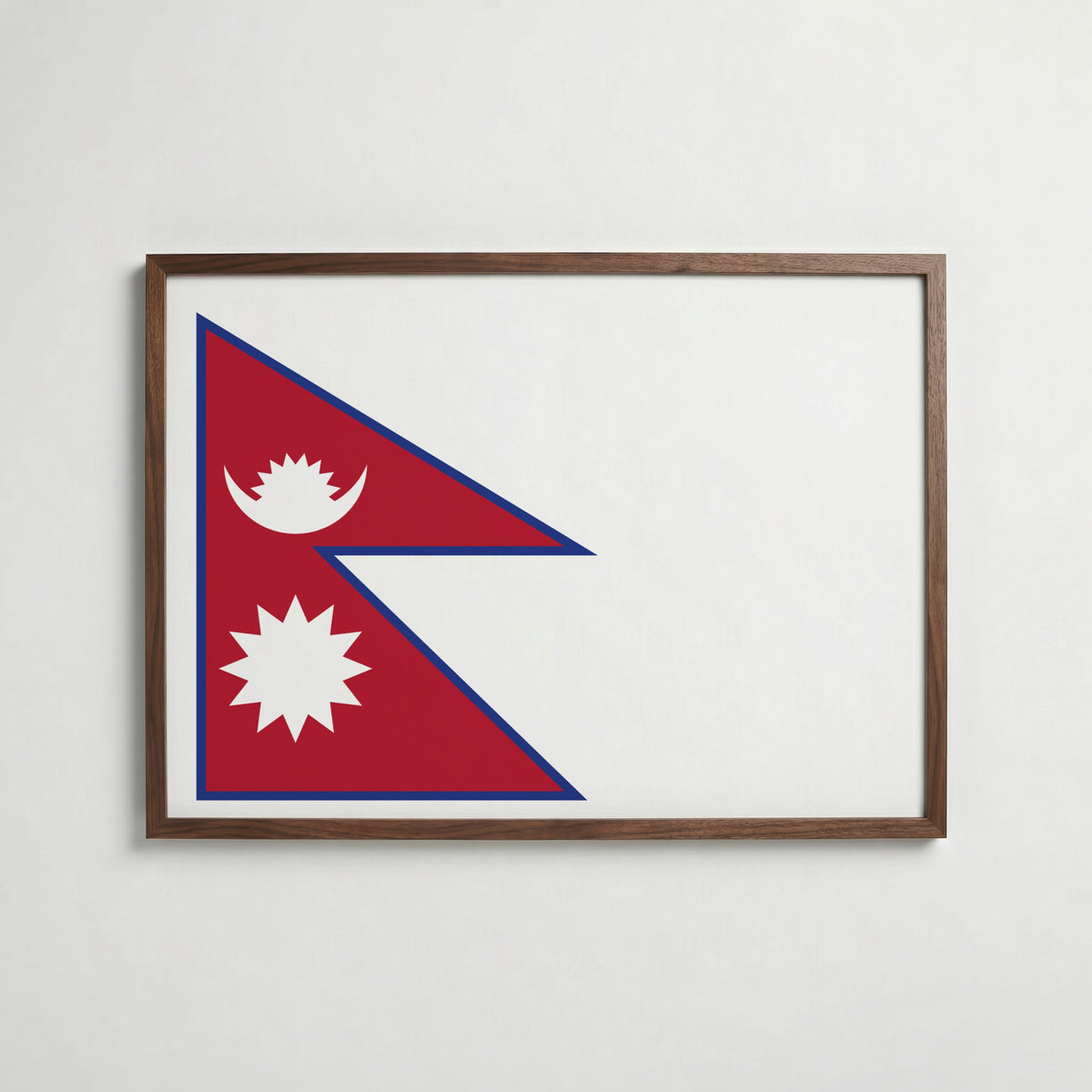 Nepal National Flag Poster i valnötsram – varm konstaffisch för hemmet från Bozetto