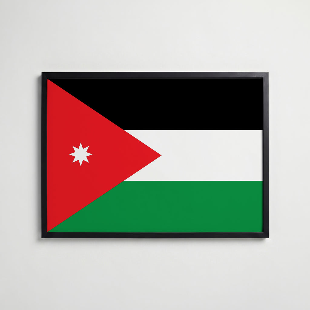 Jordan National Flag Poster i svart ram – stilren konsttryck som väggdekor från Bozetto