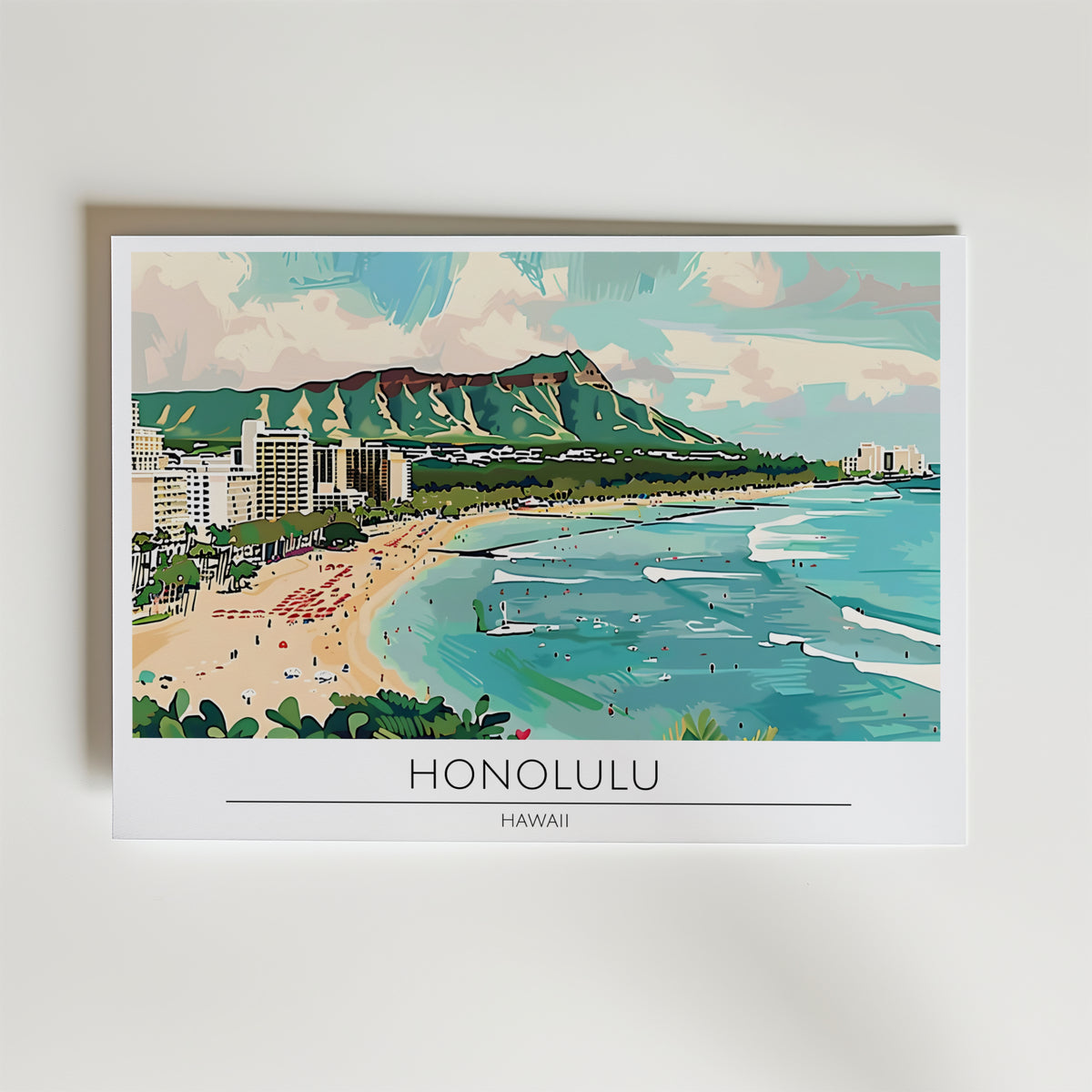 Honolulu Beach – stilfullt konsttryck från Bozetto, tryckt på matt finpapper i hög tryckkvalitet