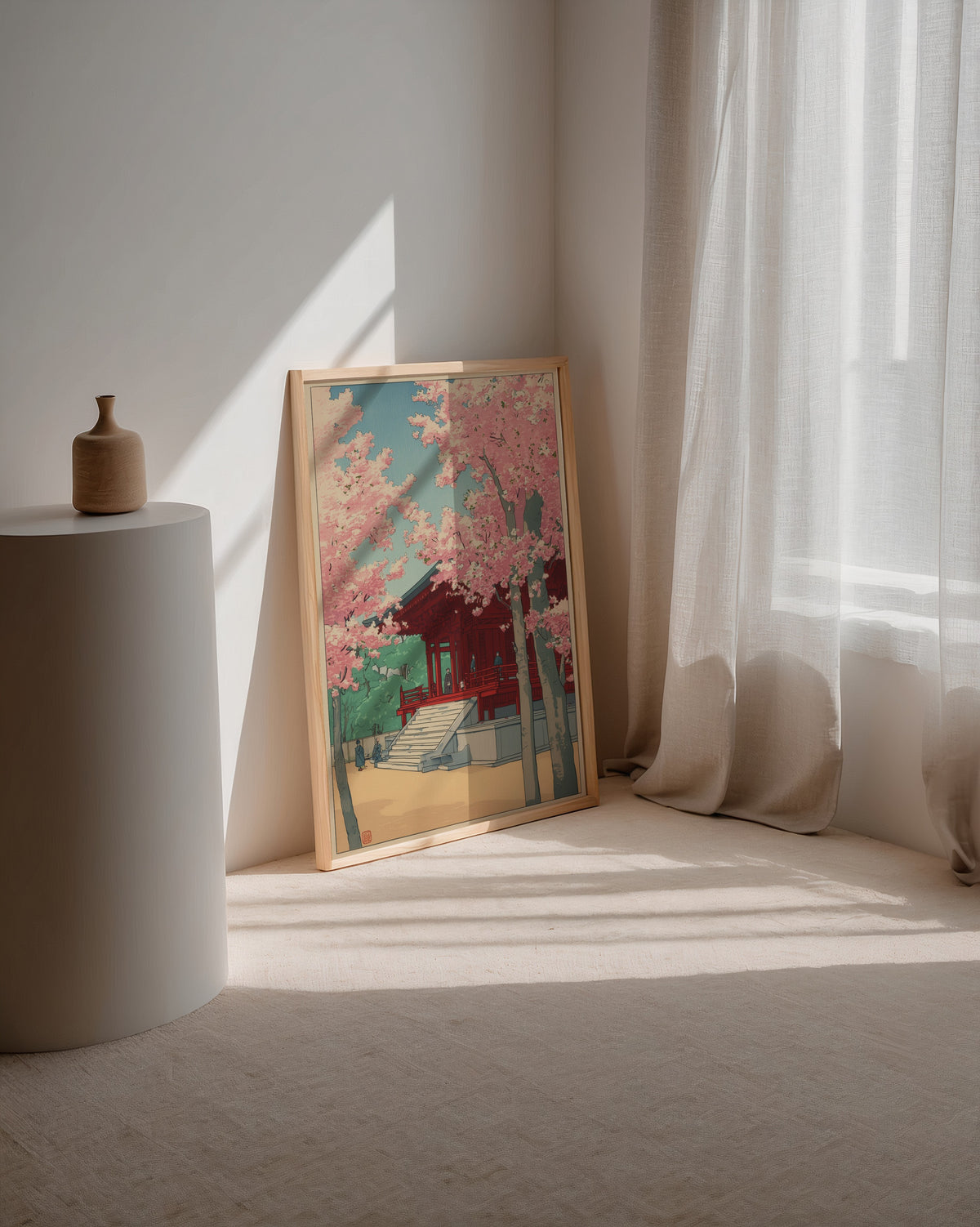 Sakura Temple poster visualiserad på vägg – se rätt storlek med mockup från Bozetto