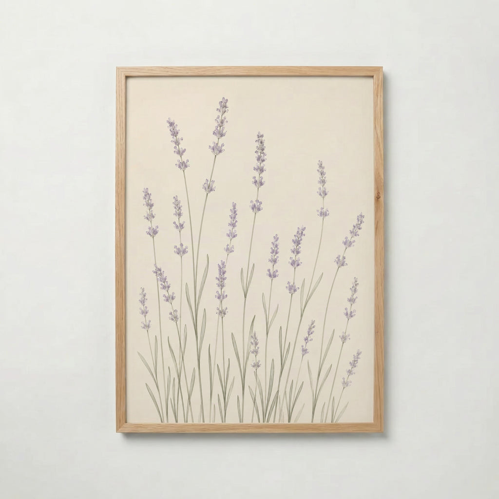 Slender Lavender Field i ekram med ljust trä – köp enkelt hos Bozetto affisch i hög kvalitet