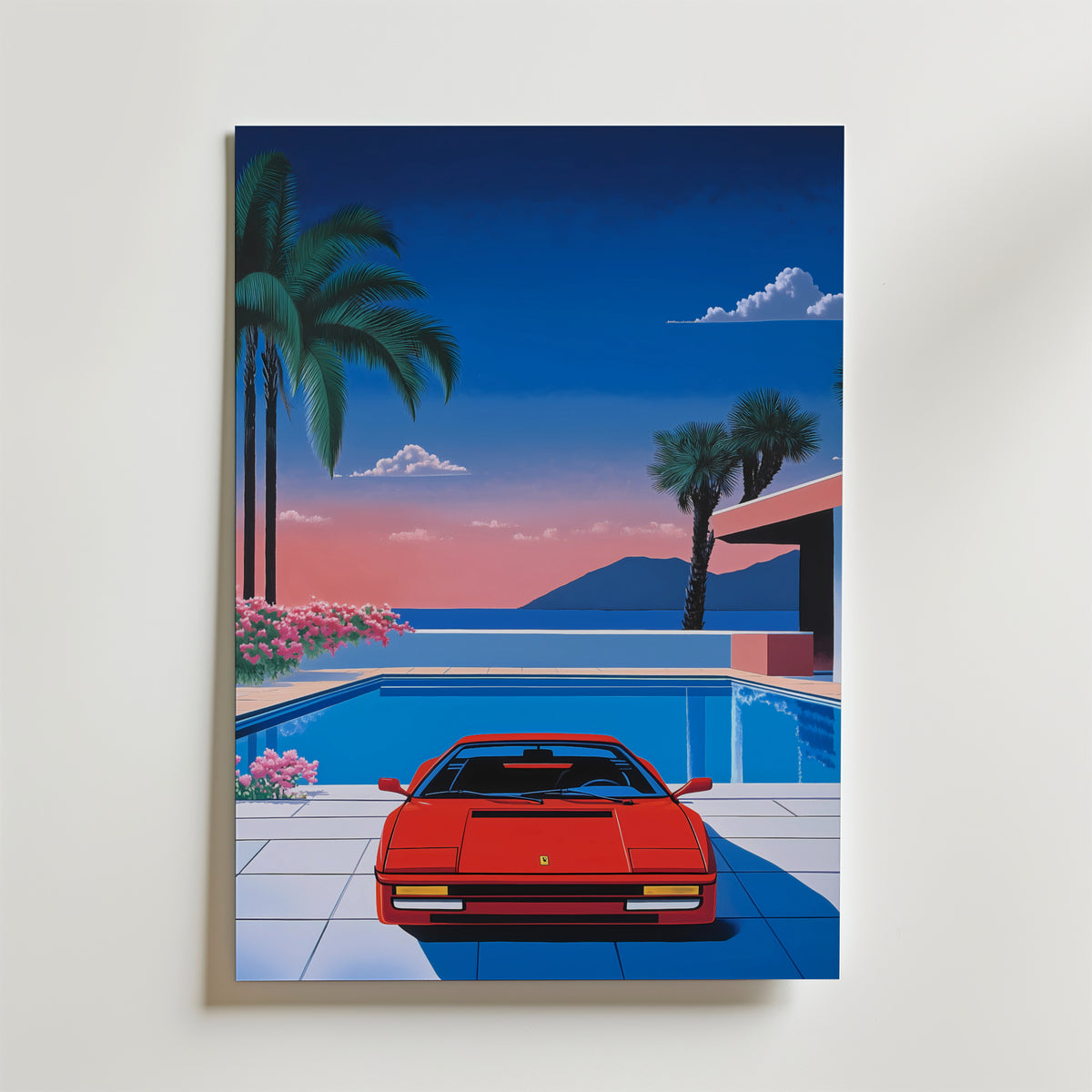 Retro 80s Ferrari Hiroshi – stilfullt konsttryck från Bozetto, tryckt på matt finpapper