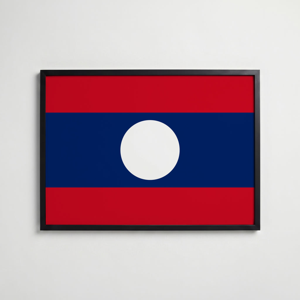 Laos National Flag Poster i svart ram – stilren konsttryck som väggdekor från Bozetto