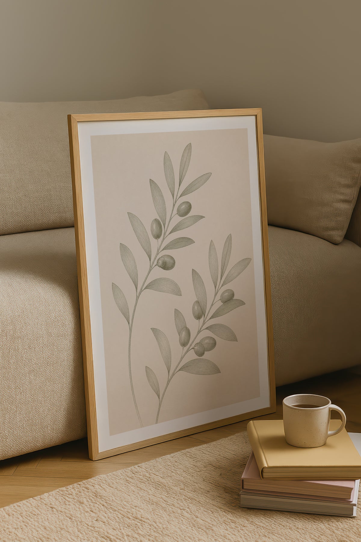 Trailing Olive Sprig affisch i ljust minimalistiskt vardagsrum – köp enkelt hos Bozetto