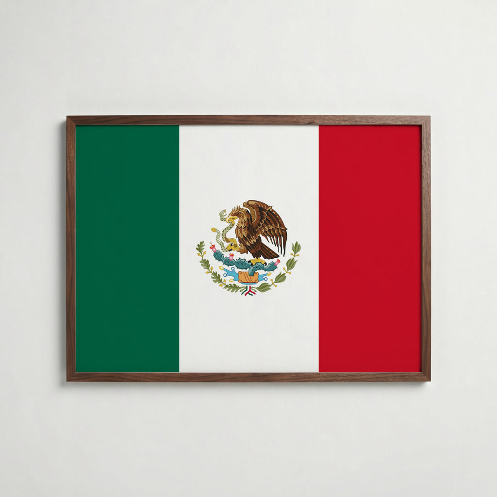 Mexico National Flag Poster i valnötsram – varm konstaffisch för hemmet från Bozetto