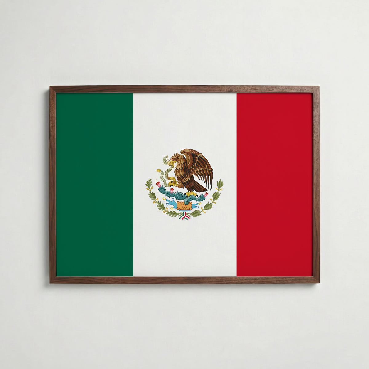 Mexico National Flag Poster i valnötsram – varm konstaffisch för hemmet från Bozetto