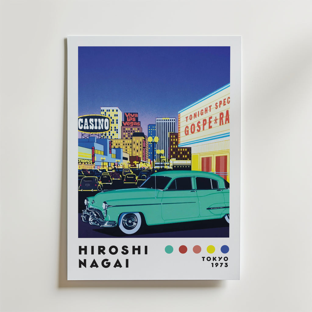Mockup av Hiroshi Nagai Viva Vegas affisch på vägg – köp enkelt hos Bozetto i hög kvalitet