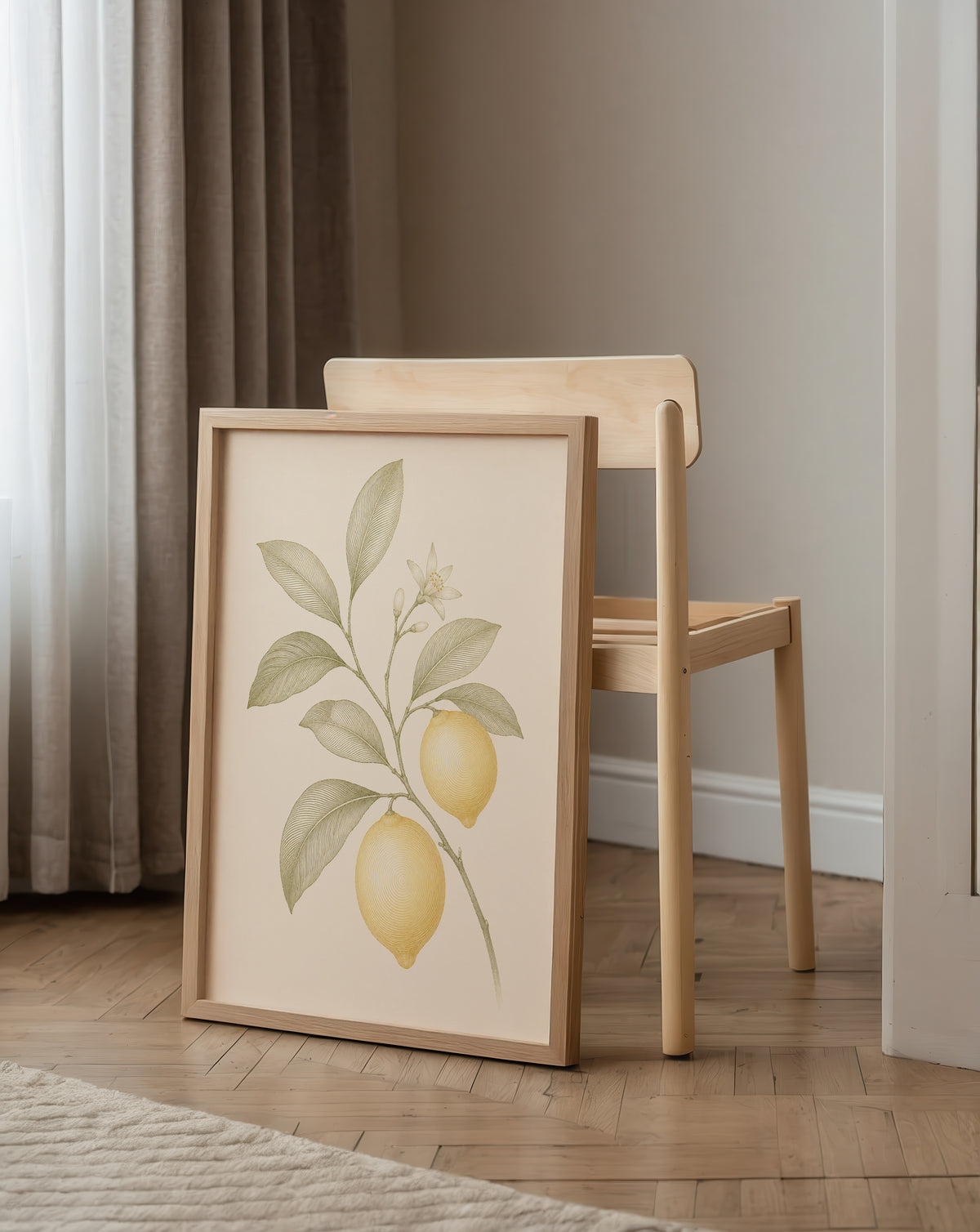 Sunlit Citrus affisch i minimalistiskt sovrum – köp enkelt hos Bozetto i hög kvalitet