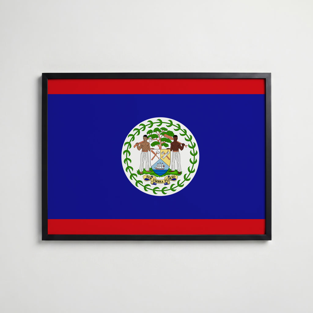 Belize National Flag Poster i svart ram – stilren konsttryck som väggdekor från Bozetto