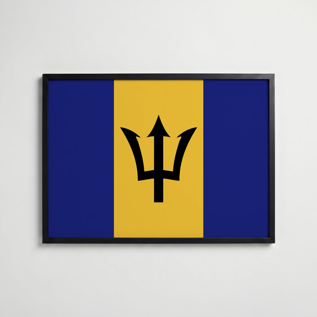 Barbados National Flag Poster i svart ram – stilren konsttryck som väggdekor från Bozetto