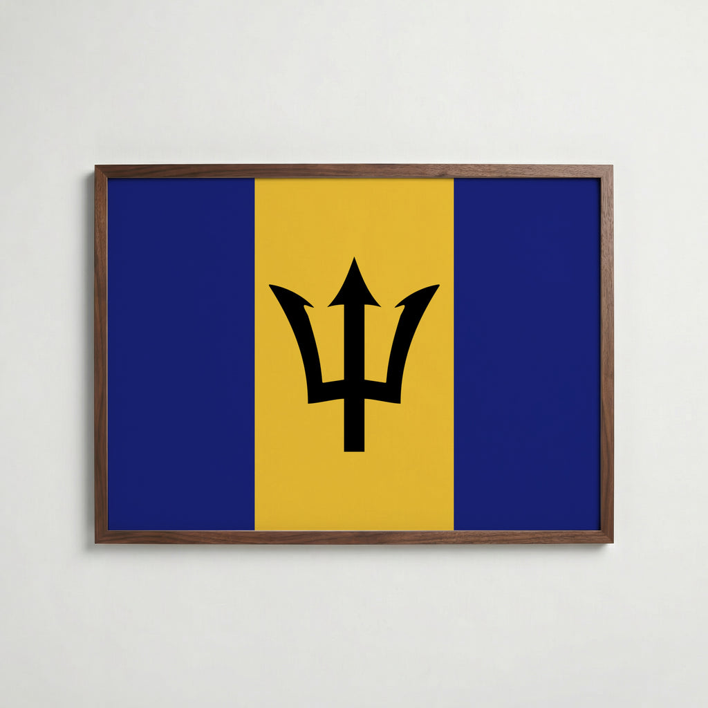 Barbados National Flag Poster i valnötsram – varm konstaffisch för hemmet från Bozetto