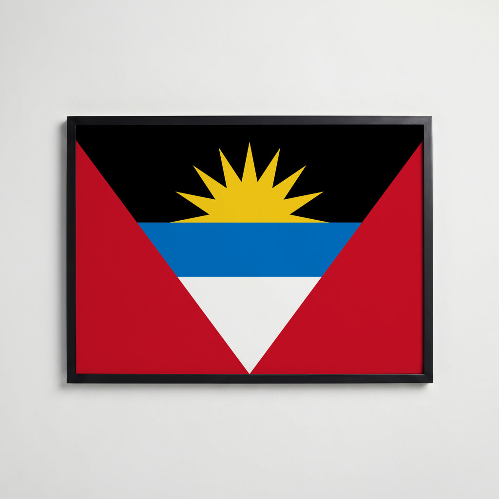 Antigua and Barbuda National Flag Poster i svart ram – stilren konsttryck som väggdekor från Bozetto