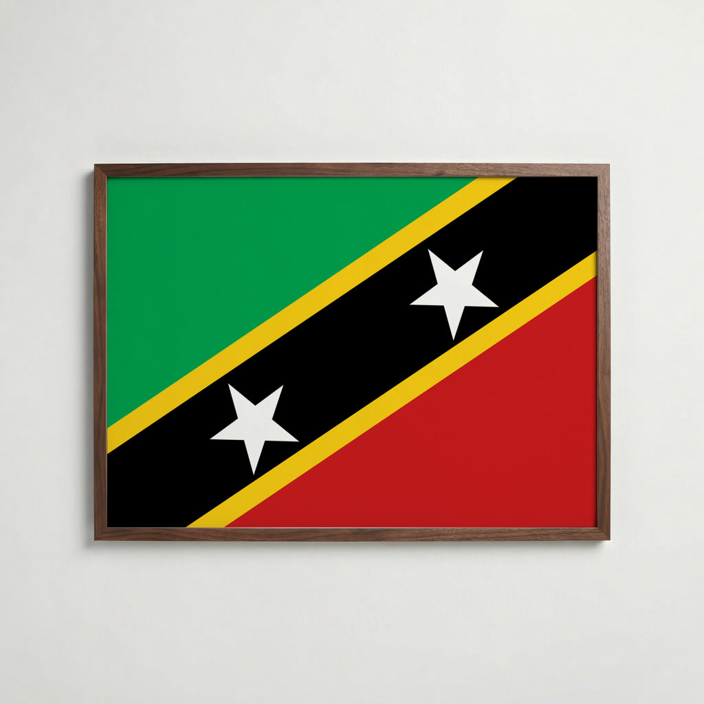 Saint Kitts and Nevis National Flag Poster i valnötsram – varm konstaffisch för hemmet från Bozetto
