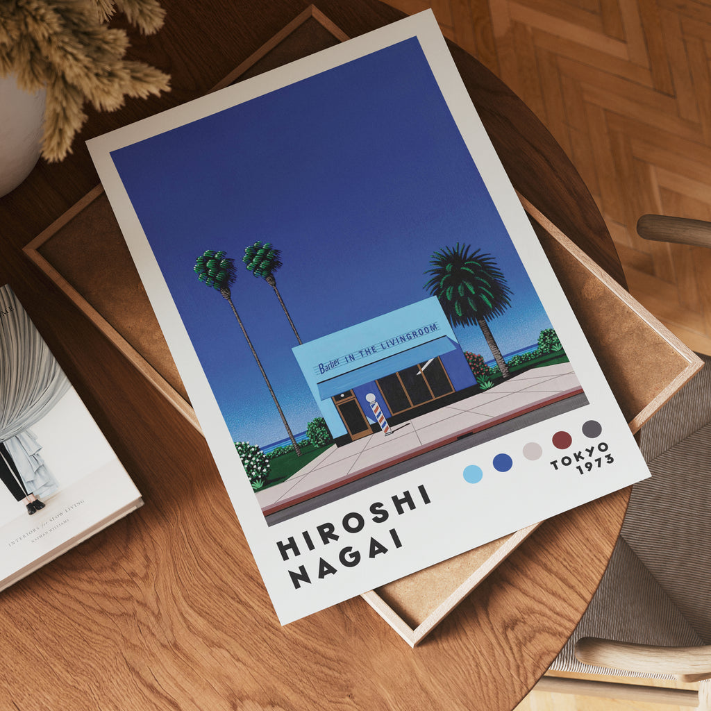 Väggmockup med Hiroshi Nagai Barber Shop – köp enkelt hos Bozetto affisch i hög kvalitet