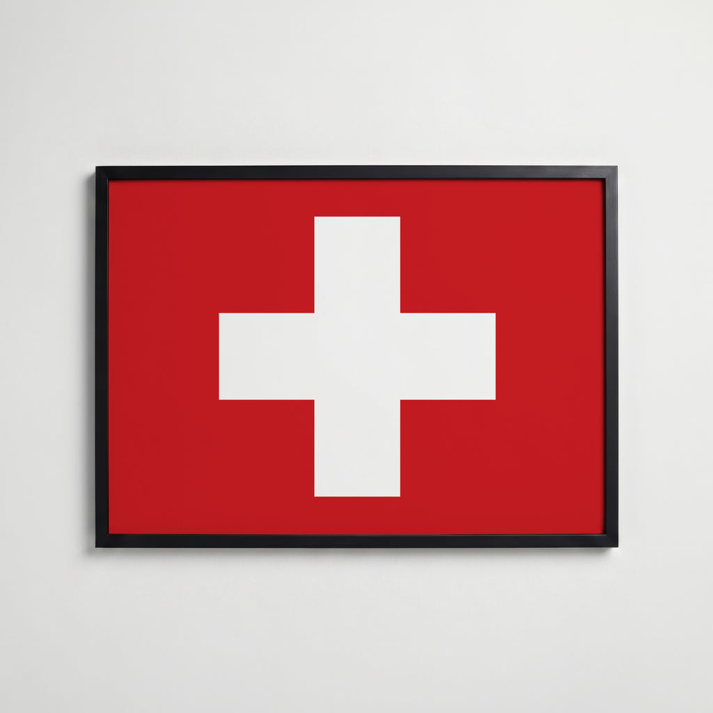 Switzerland National Flag Poster i svart ram – stilren konsttryck som väggdekor från Bozetto