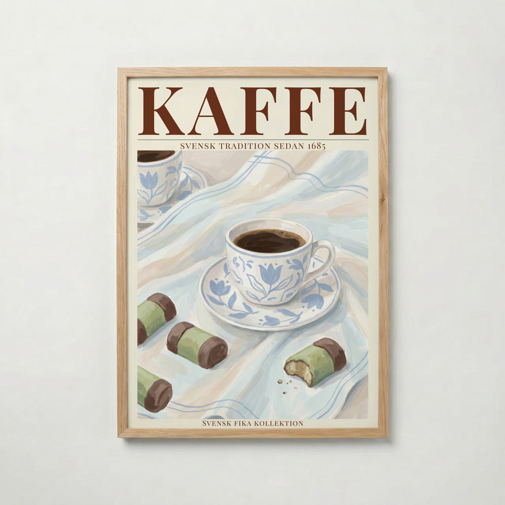 Kaffe poster inramad i ljus ekram med naturligt träutseende – från Bozetto i hög tryckkvalitet