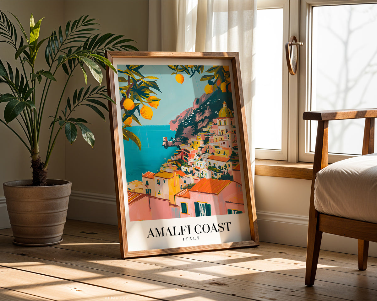 Väggmockup av Sunlit Amalfi Coast affisch på ljus vägg – Bozetto konsttryck – nr 3