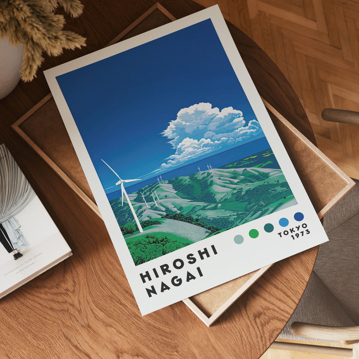 Väggmockup med Hiroshi Nagai Wind Turbines – köp enkelt hos Bozetto affisch i hög kvalitet