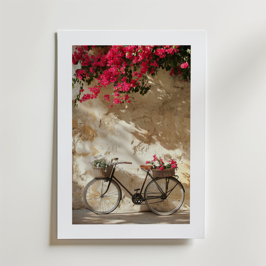 Bougainvillea Bicycle – stilfullt konsttryck från Bozetto, tryckt på matt finpapper