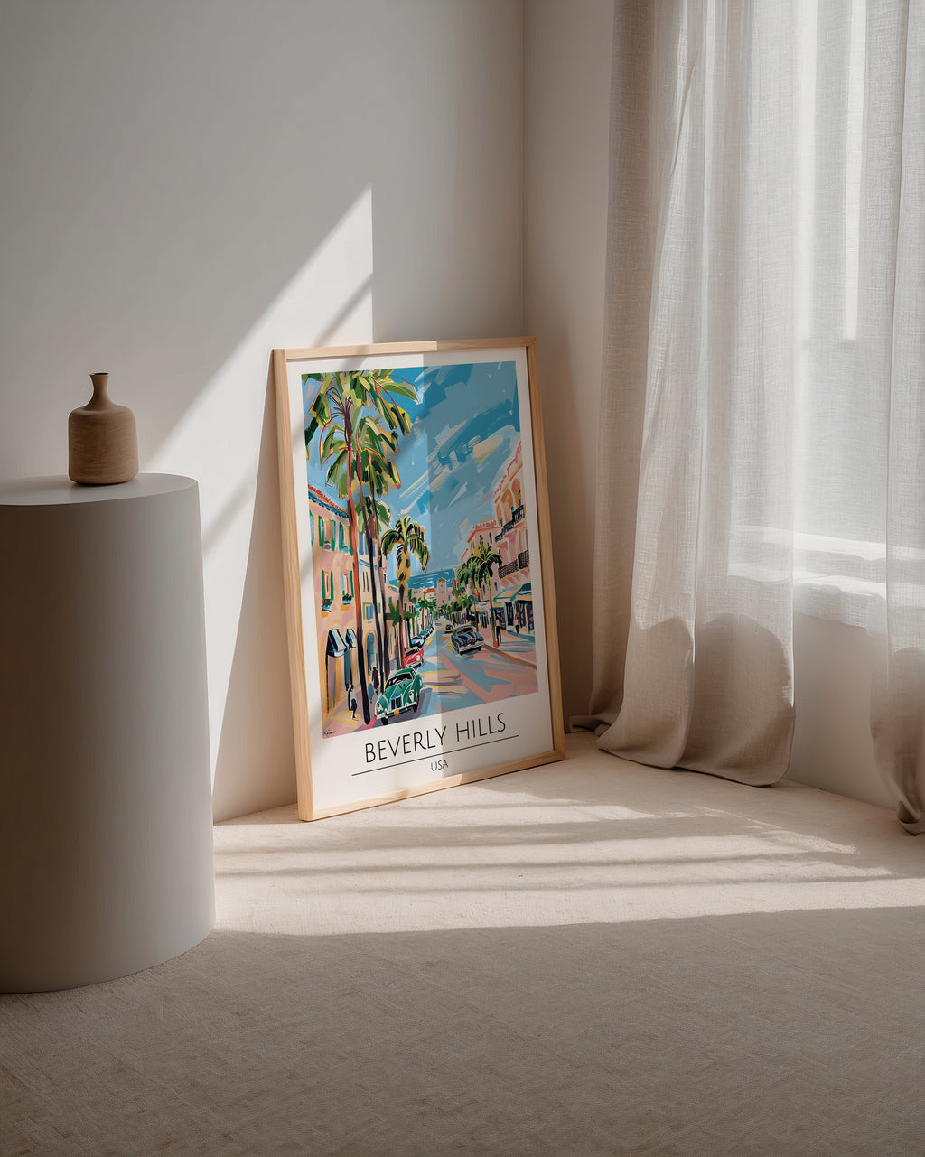 Mockup av Beverly Hills Palm Drive affisch på vägg – köp enkelt hos Bozetto i hög kvalitet