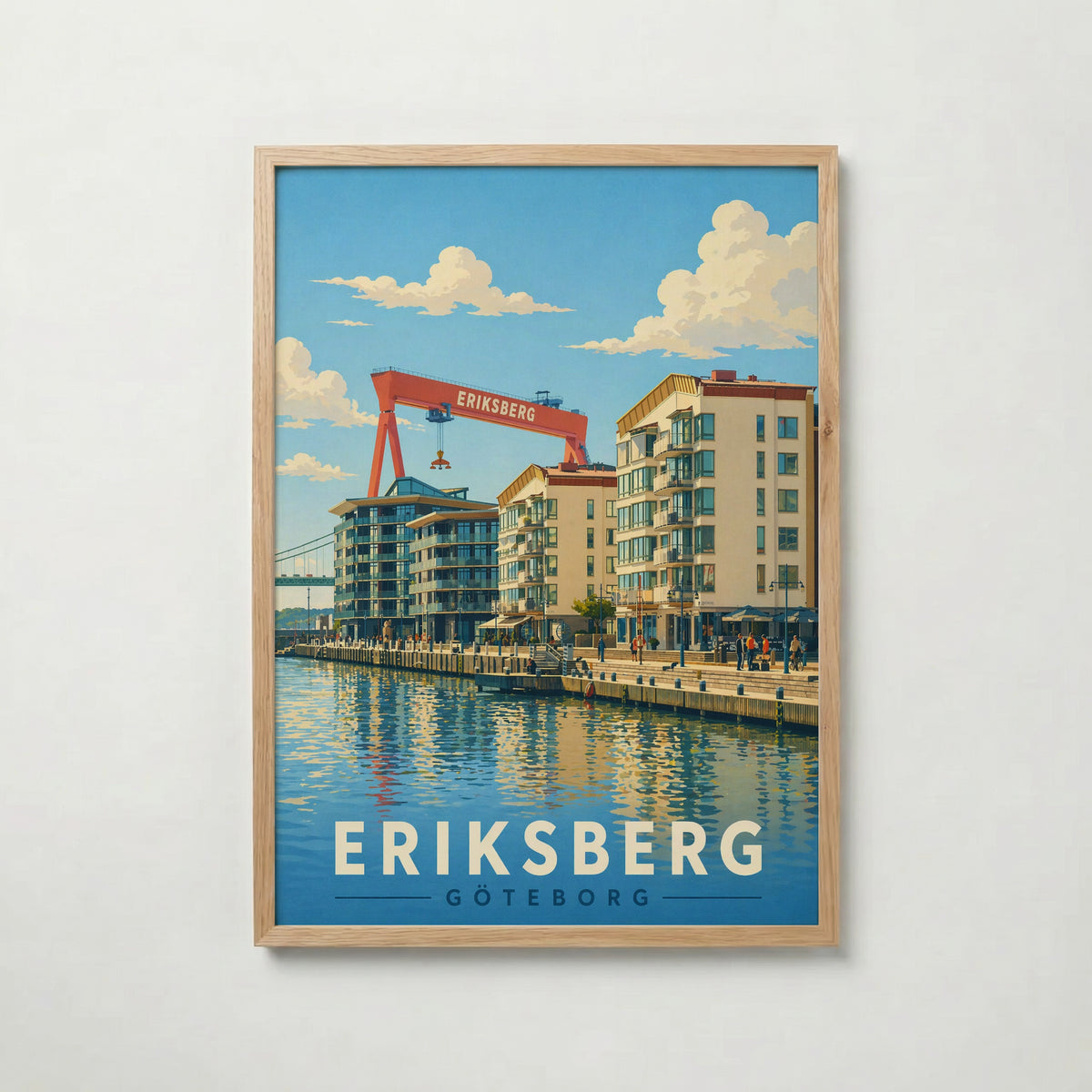 Eriksberg Göteborg i ekram med ljust trä – köp enkelt hos Bozetto affisch i hög kvalitet
