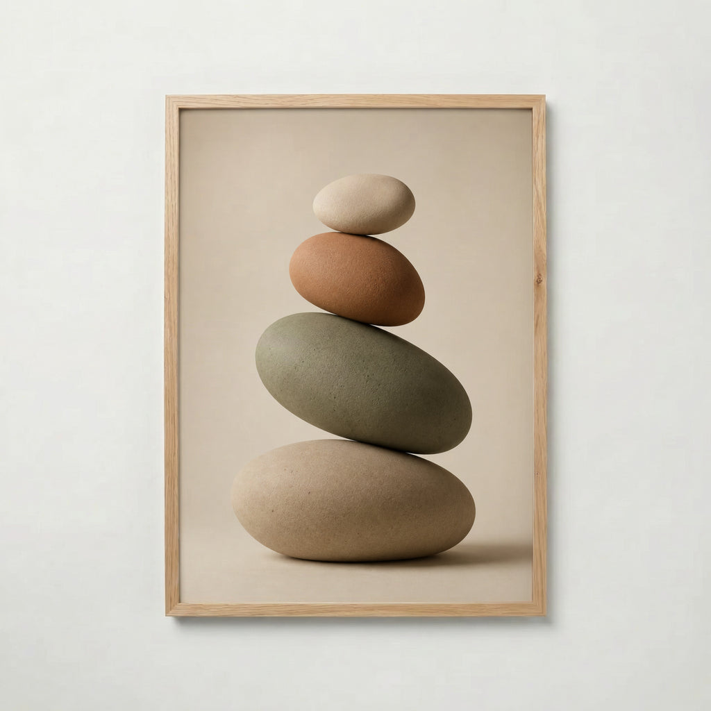 Balanced Stone Cairn i ekram med ljust trä – köp enkelt hos Bozetto affisch i hög kvalitet