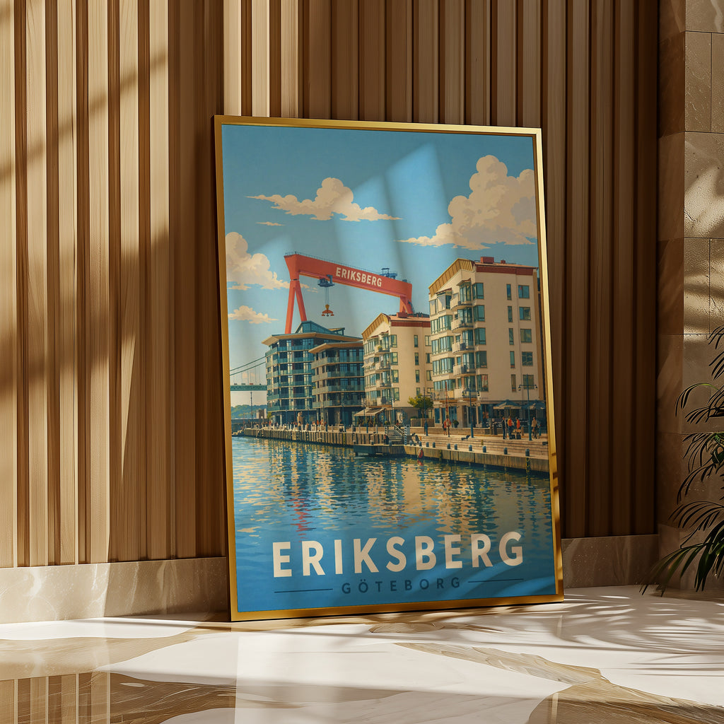 Eriksberg Göteborg affisch i ljust minimalistiskt vardagsrum – köp enkelt hos Bozetto