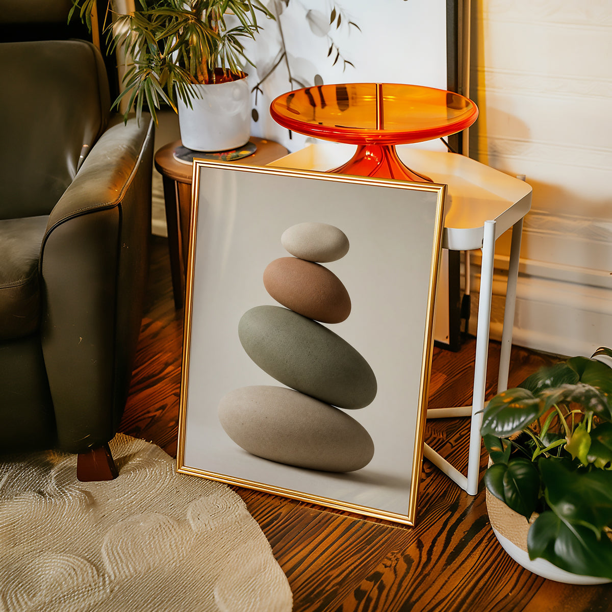 Balanced Stone Cairn affisch i minimalistiskt sovrum – köp enkelt hos Bozetto i hög kvalitet