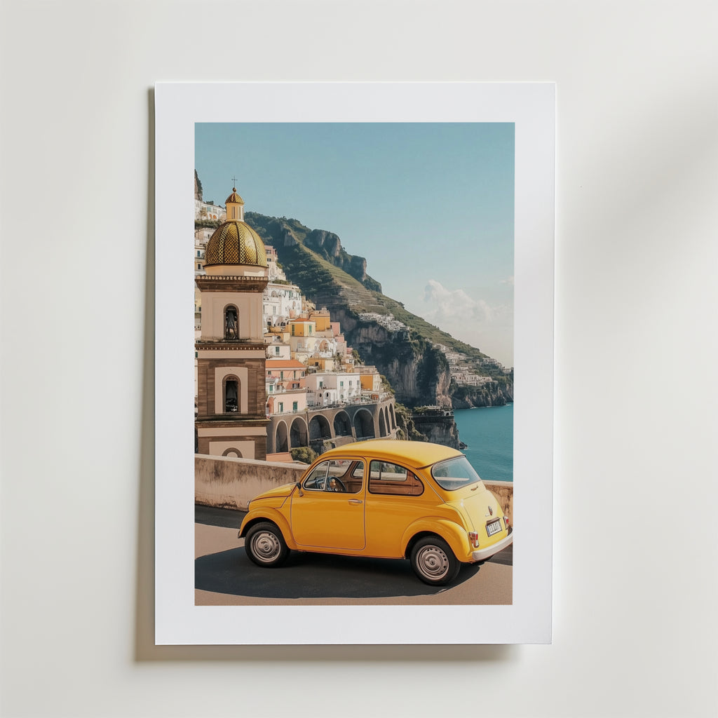 Amalfi Coast Car Poster – modern konst och stilren konsttryck för hemmet hos Bozetto