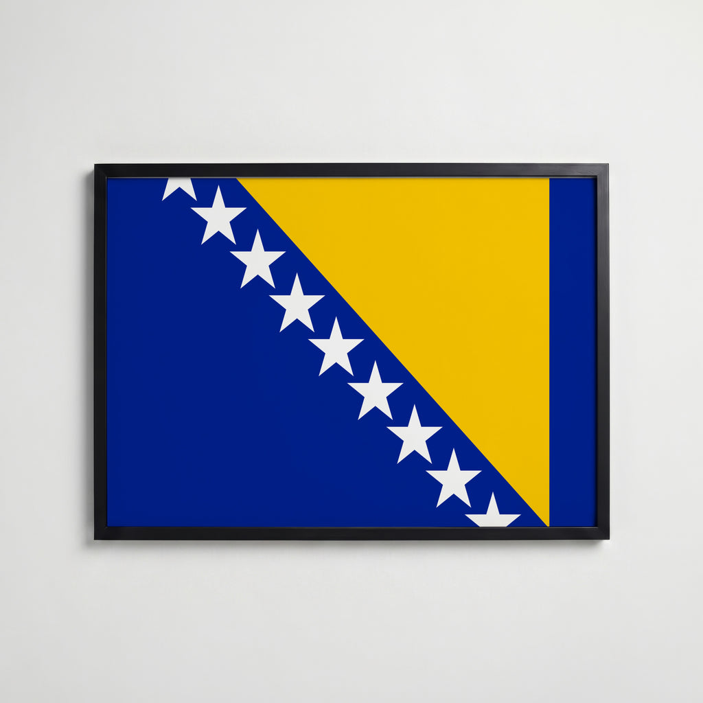 Bosnia and Herzegovina National Flag Poster i svart ram – stilren konsttryck som väggdekor från Bozetto