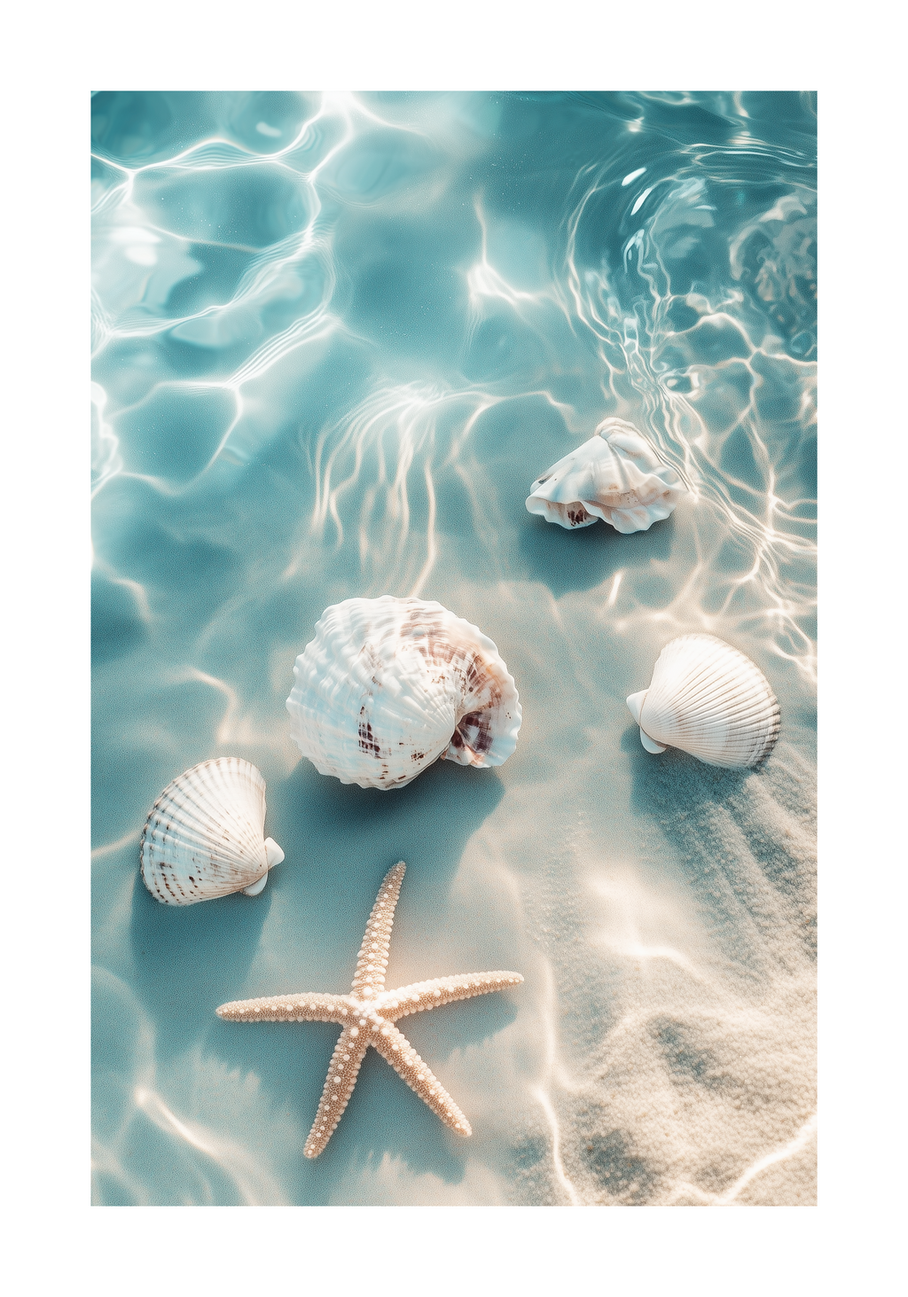 Starfish and Shells Beach Poster – modern konst och stilren konsttryck för hemmet hos Bozetto