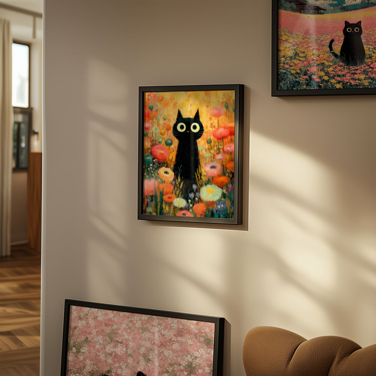 Väggmockup av Midnight Bloom Cat affisch på ljus vägg – Bozetto konsttryck – nr 3