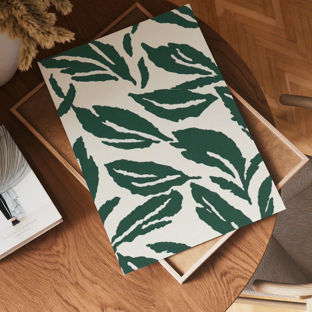 Green Leaves konsttryck på vit bakgrund – elegant Bozetto affisch för hemmet i hög tryckkvalitet