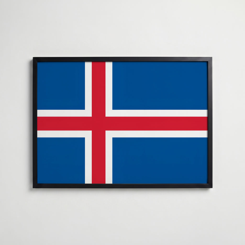 Iceland National Flag Poster i svart ram – stilren konsttryck som väggdekor från Bozetto