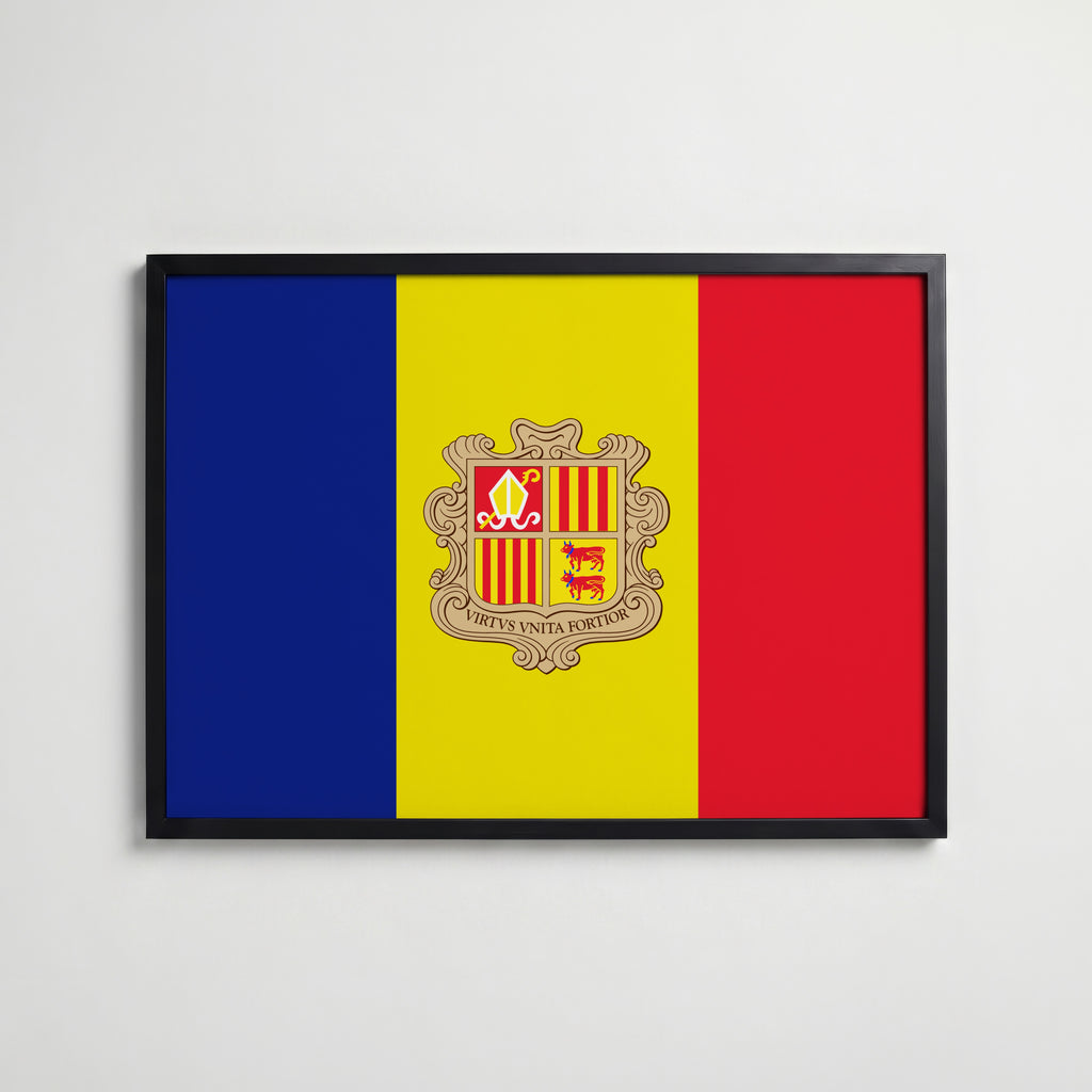 Andorra National Flag Poster i svart ram – stilren konsttryck som väggdekor från Bozetto