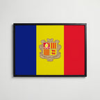 Andorra National Flag Poster i svart ram – stilren konsttryck som väggdekor från Bozetto