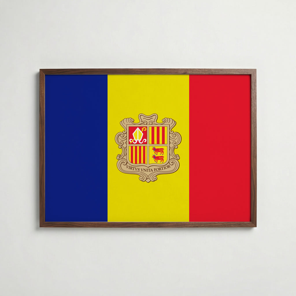 Andorra National Flag Poster i valnötsram – varm konstaffisch för hemmet från Bozetto
