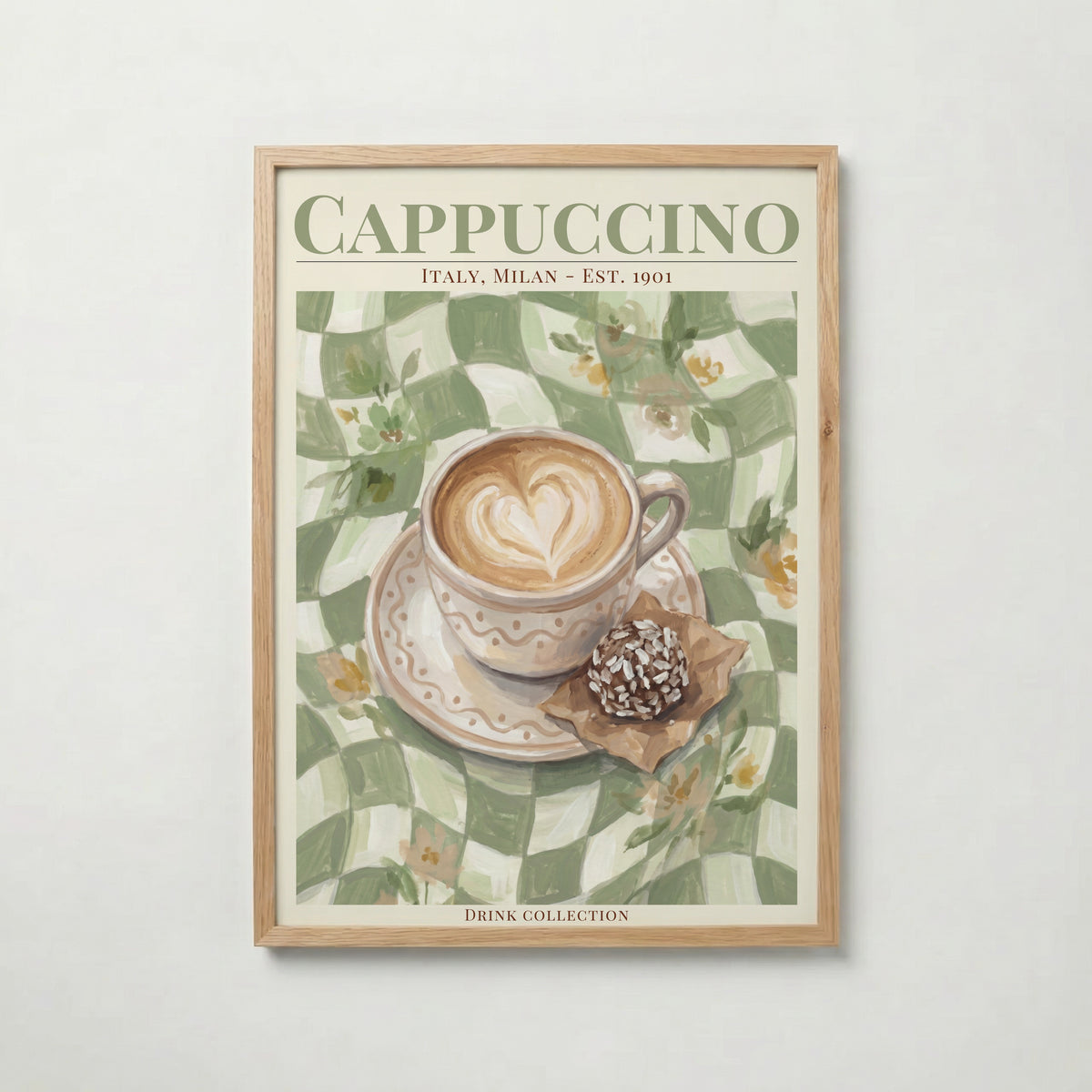 Cappuccino i ekram med ljust trä – köp enkelt hos Bozetto affisch i hög kvalitet